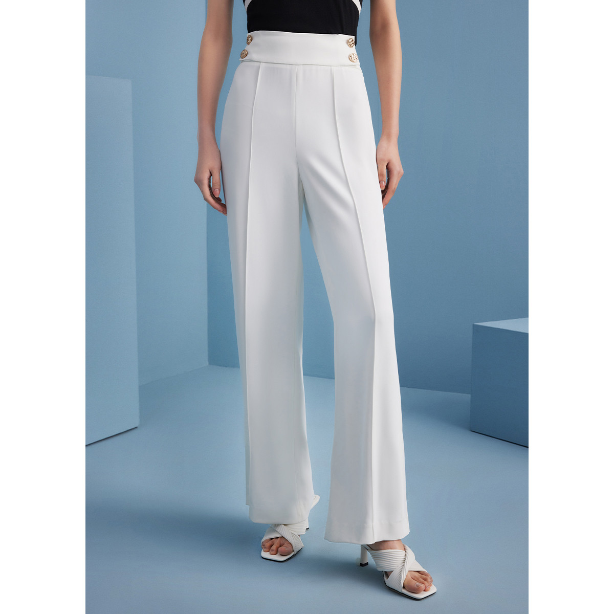 【小余专属】曼德诗纯色高腰纽扣宽松通勤显瘦直筒长裤M102300916