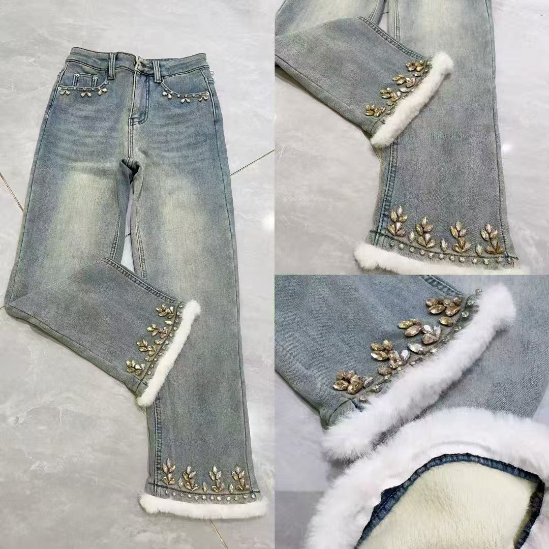 xy定制   新款重工镶钻加绒中腰显瘦弹力小脚牛仔裤秋冬保暖百搭