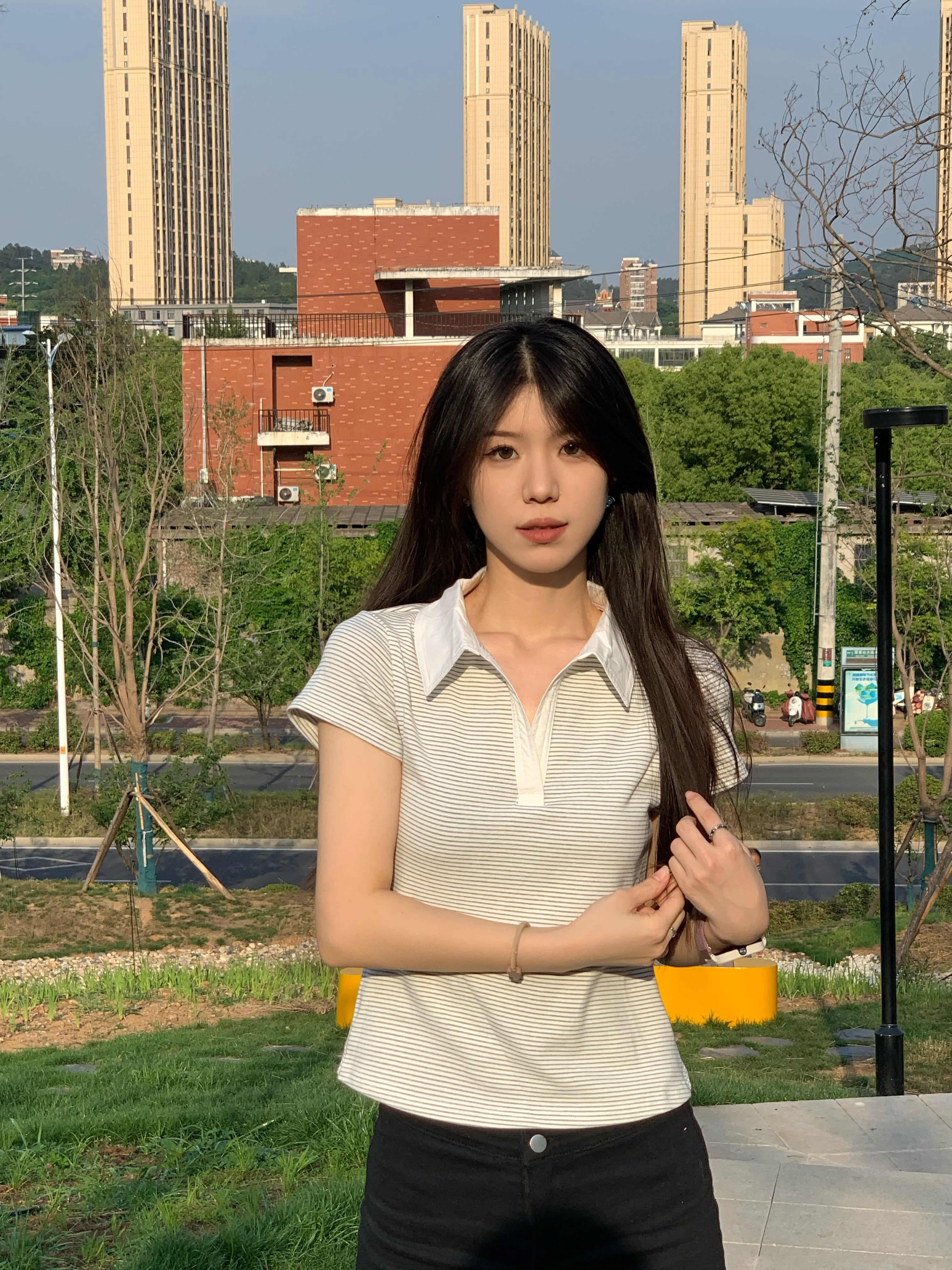 短袖翻领百搭休闲2025T恤条纹春夏OLO女小众设计感上衣P正肩新款