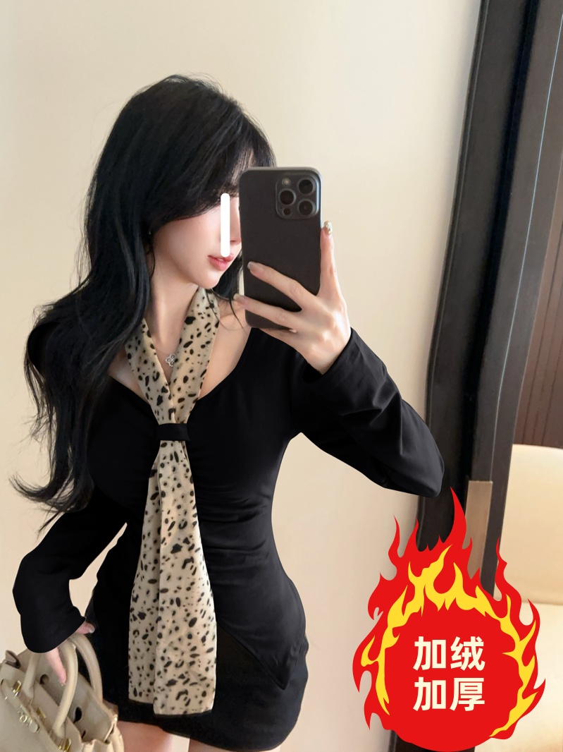 加绒豹纹飘带打底衫内搭长袖T恤秋冬卡其色加绒加厚辣妹风上衣