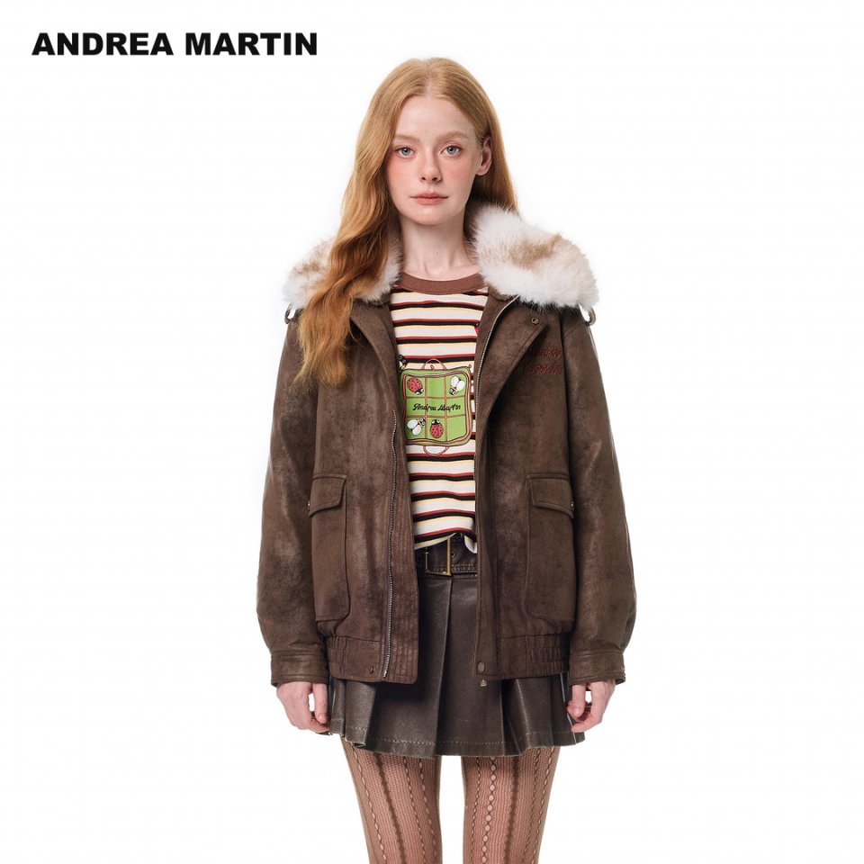 Andrea Martin25秋冬新款复古麂皮毛领做旧羽绒服工装夹克外套