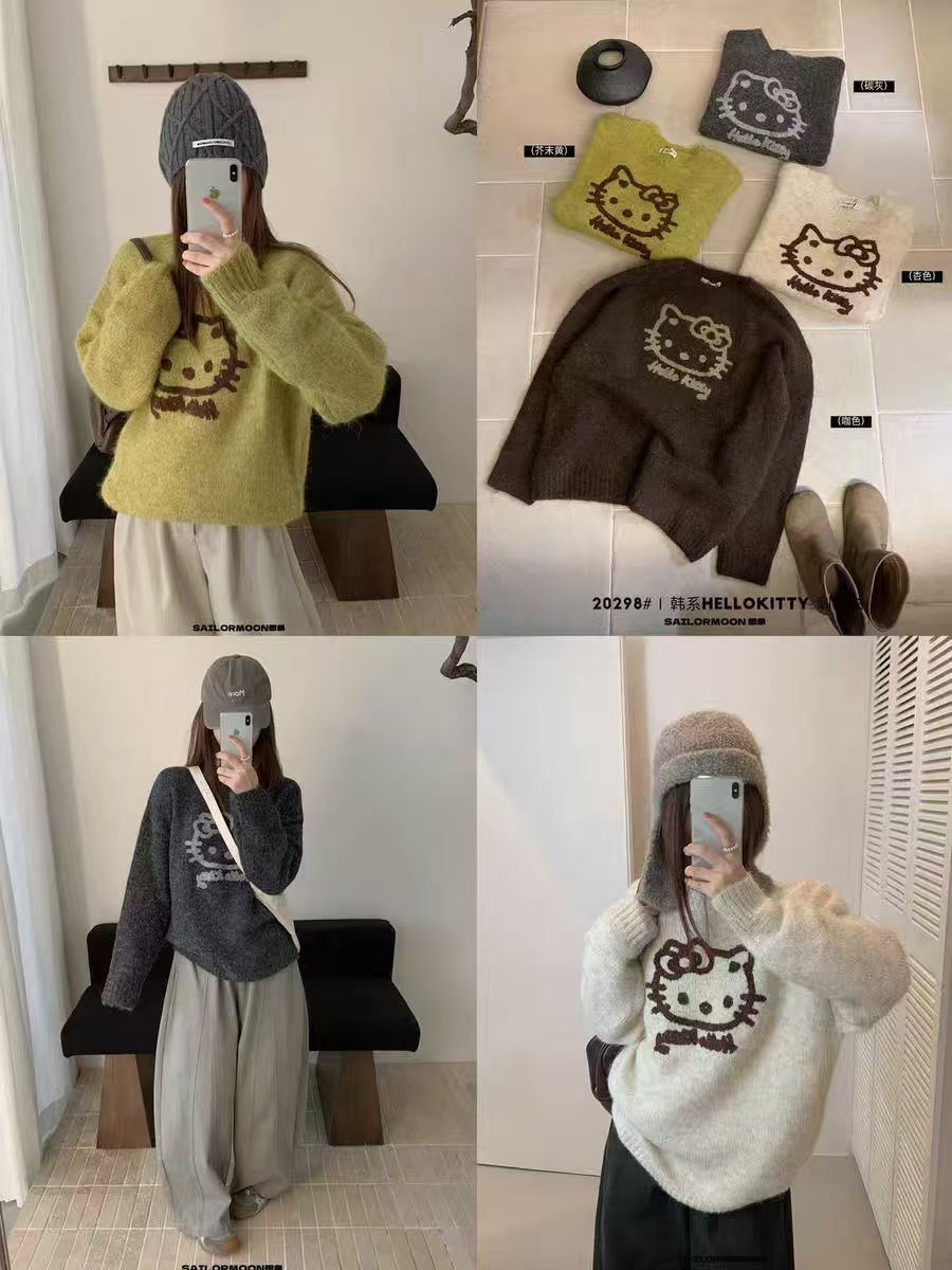 韩系kt猫圆领宽松毛衣女2025秋冬新款显瘦百搭设计感针织衫潮