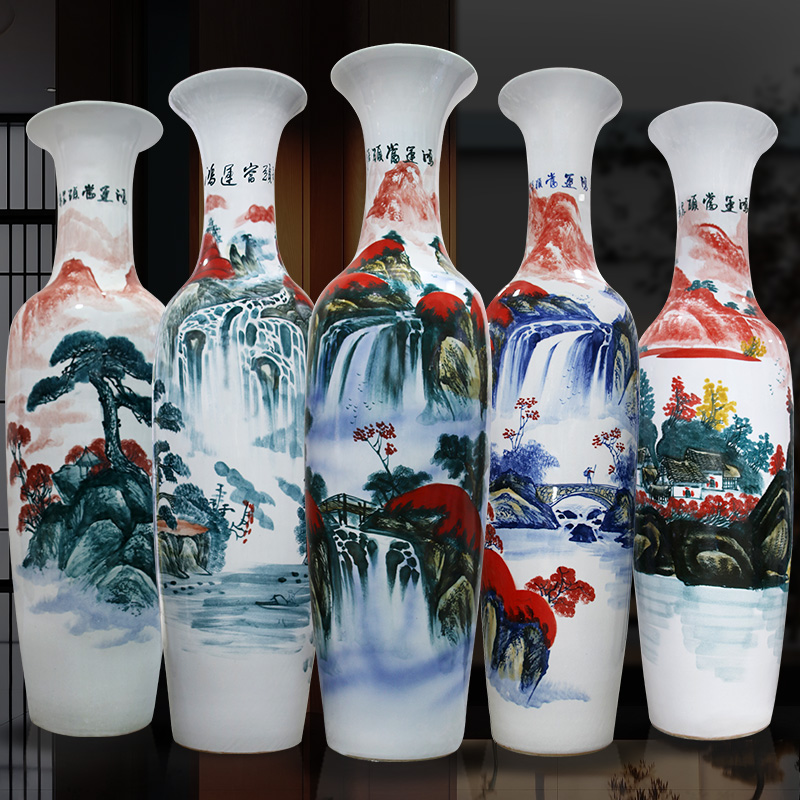 景德镇手绘款陶瓷器鸿运当头落地大花瓶酒店客厅装饰品摆件大号