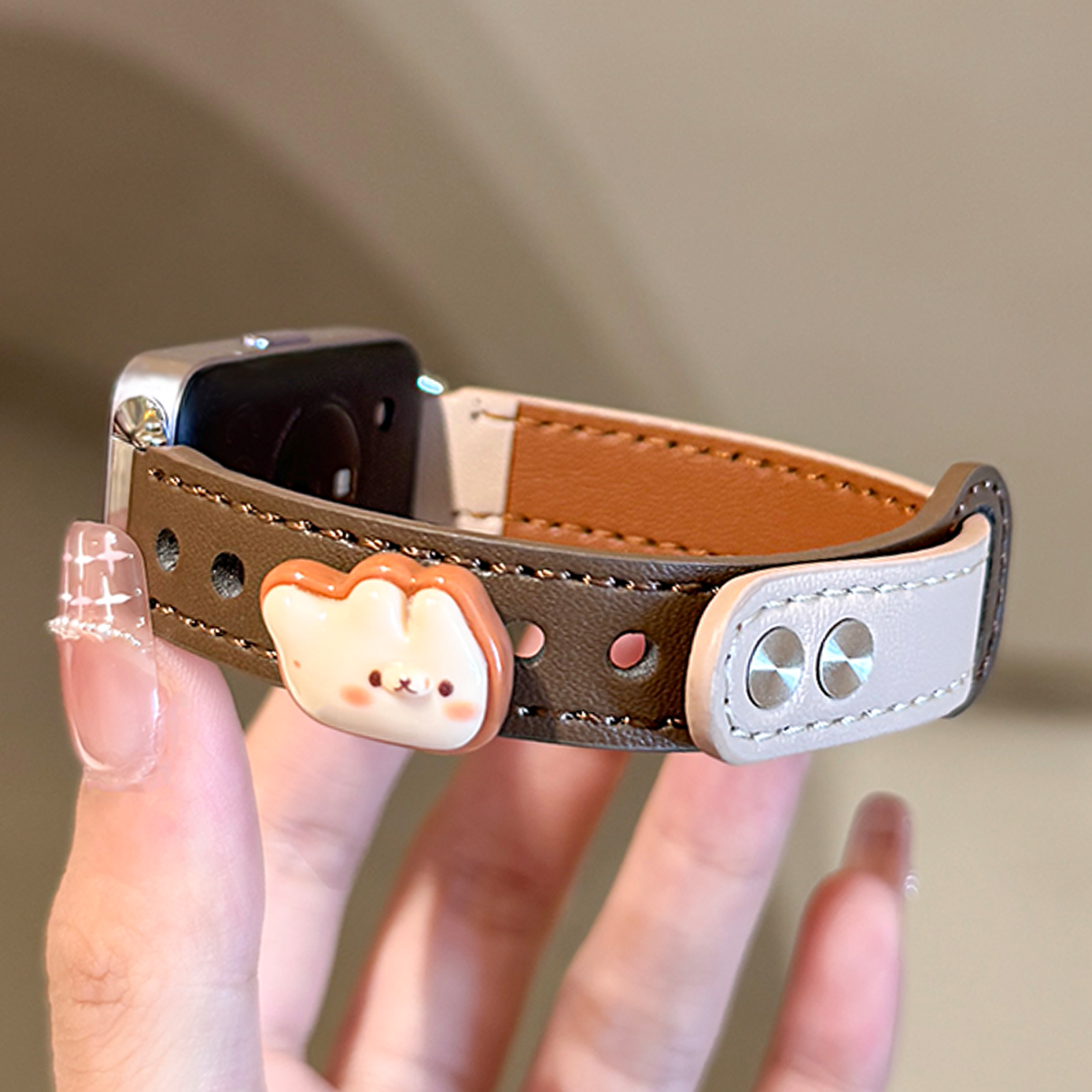 uososo适用华为手环10表带时尚创意双扣皮质华为手环9表带可爱奶