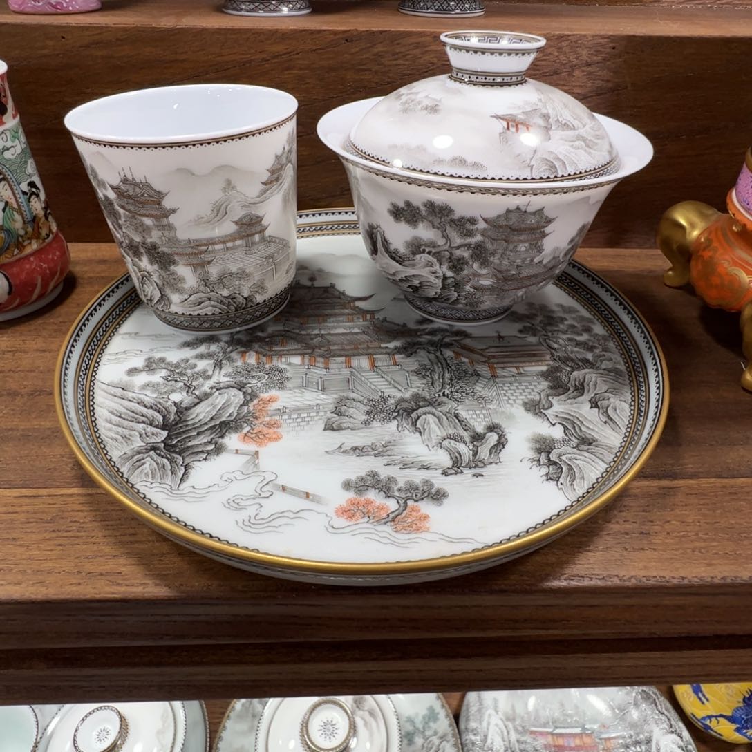 墨彩阁楼山水三件套