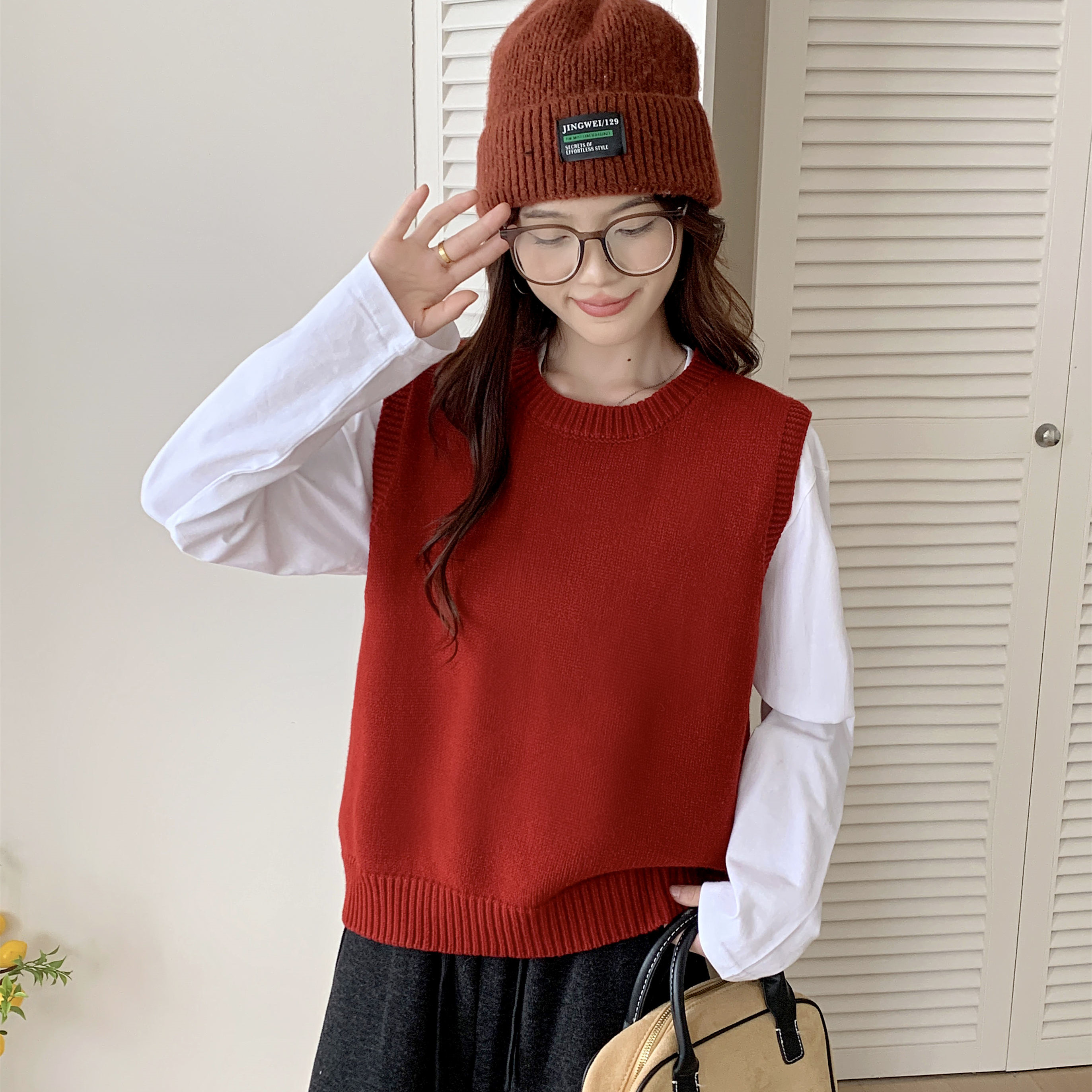 温柔慵懒风无袖背心马甲上衣针织衫坎肩叠穿红色套头毛衣女秋冬季