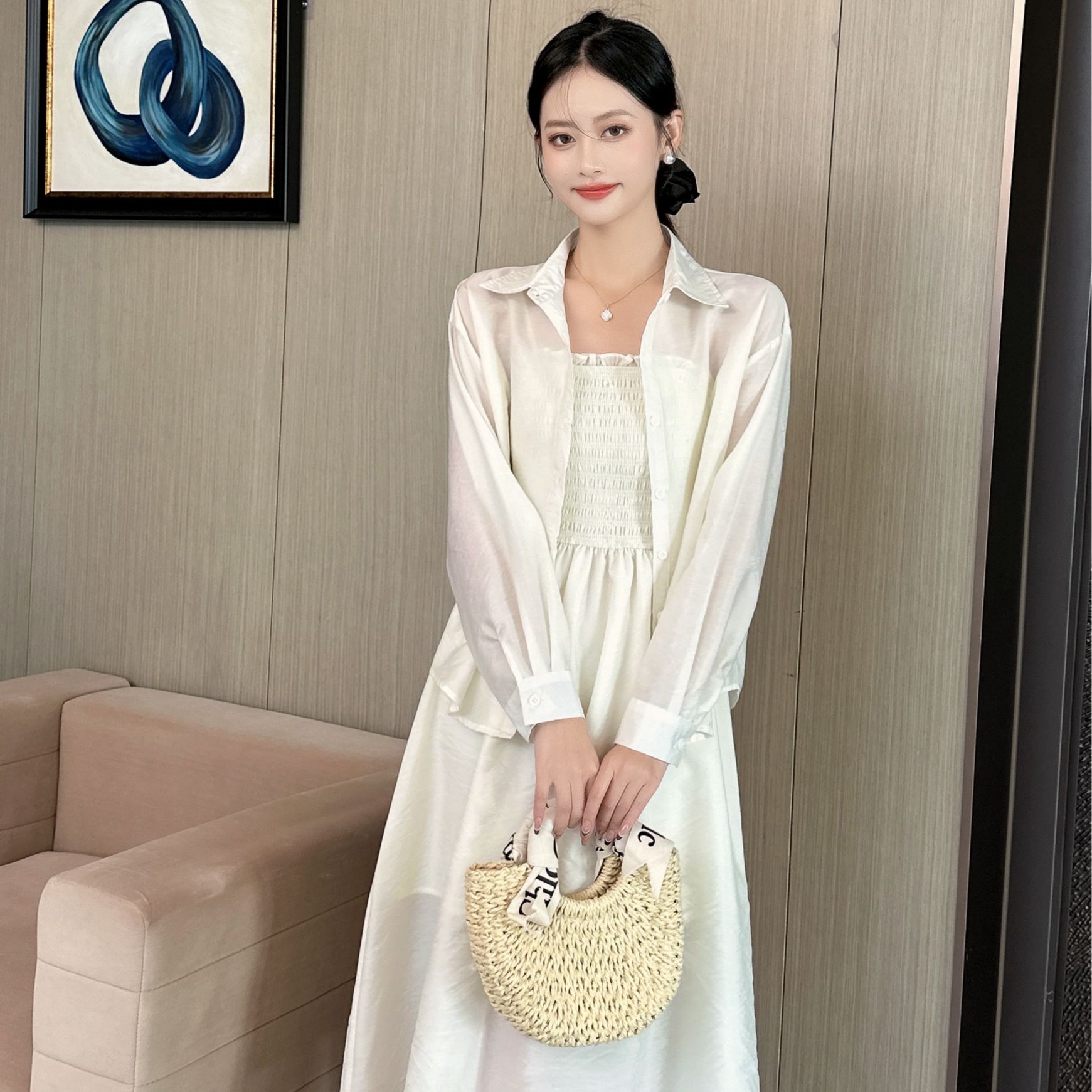 【芊朵 】 高贵女装气质女神吊带裙长袖衬衫设计打揽休闲显瘦两件套