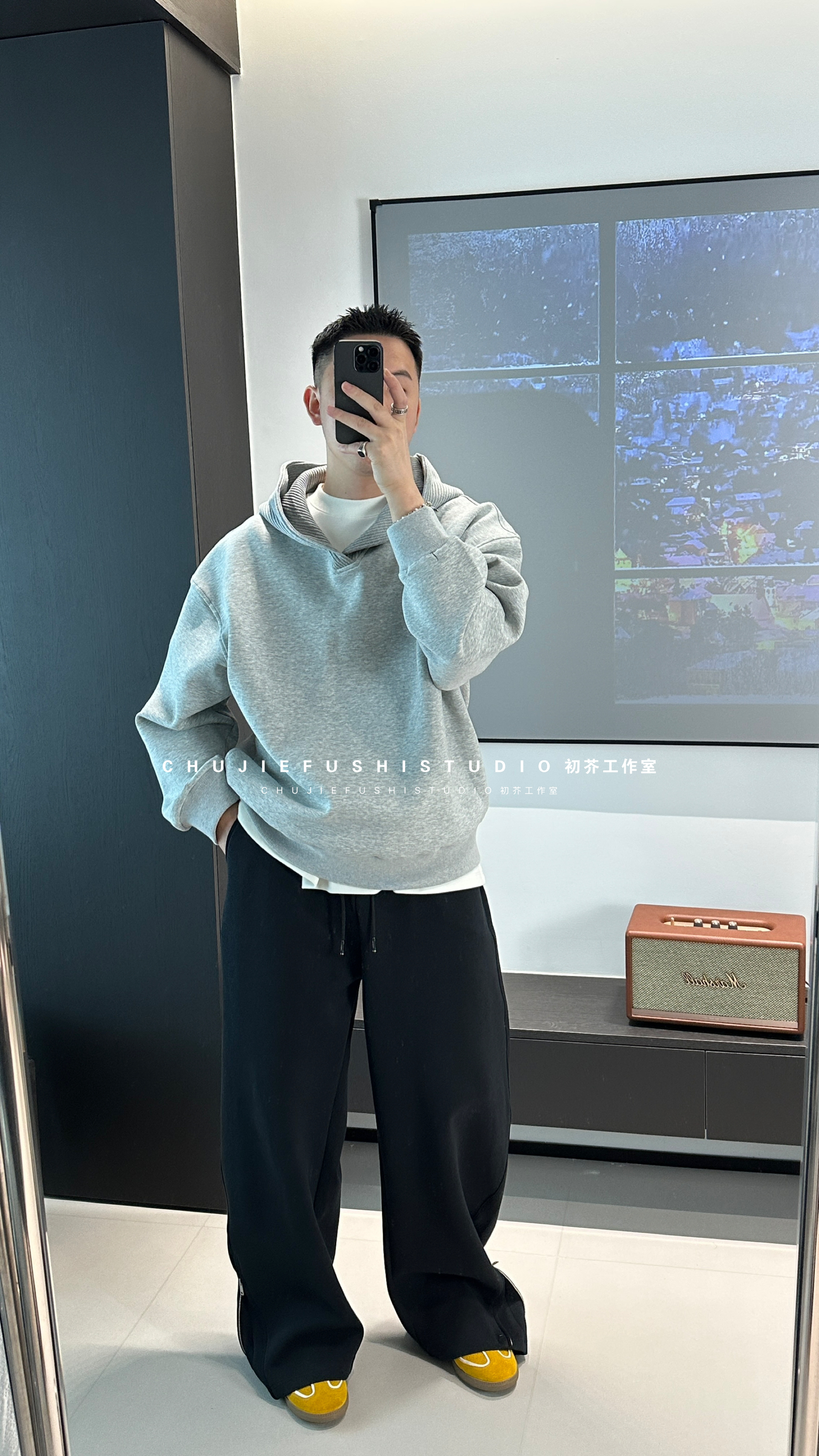 CHUJIE韩版潮牌时尚连帽宽松套装V领卫衣外套