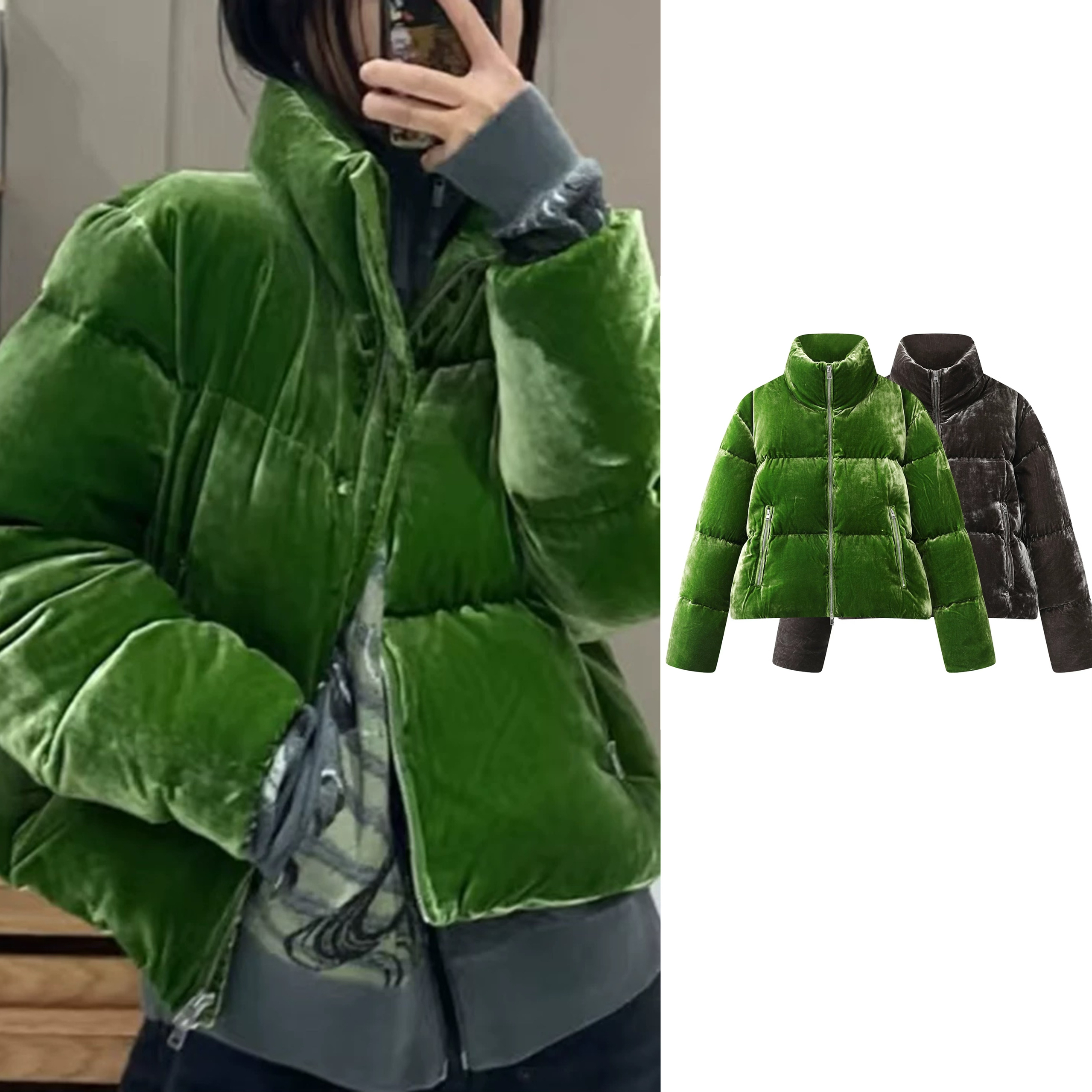 冬季新款2025时尚复古丝绒质感短款纯色羽绒服休闲保暖【8119】