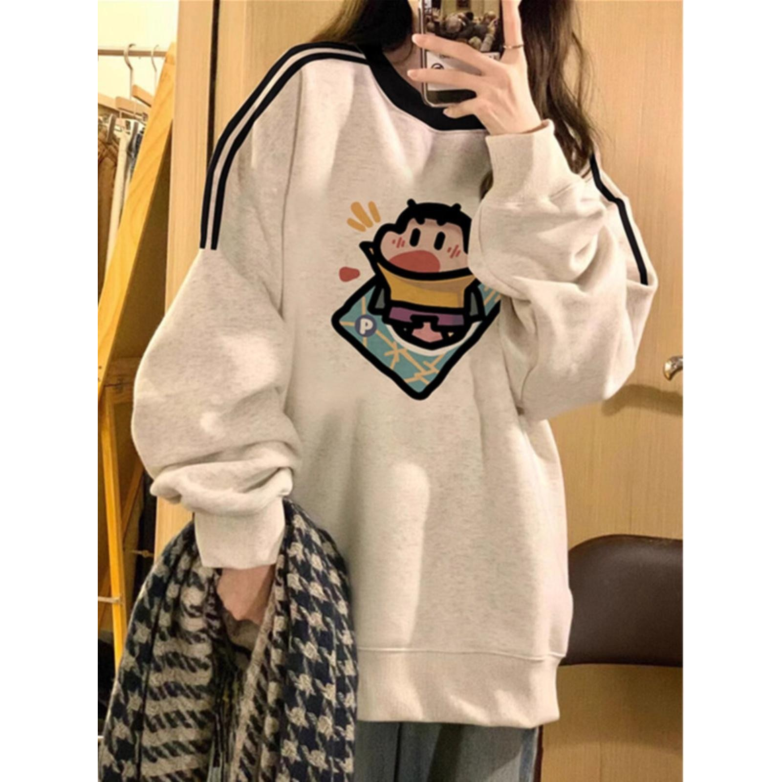 美式三条杠圆领长袖卫衣女长袖显瘦宽松慵懒风外套上衣潮流学生