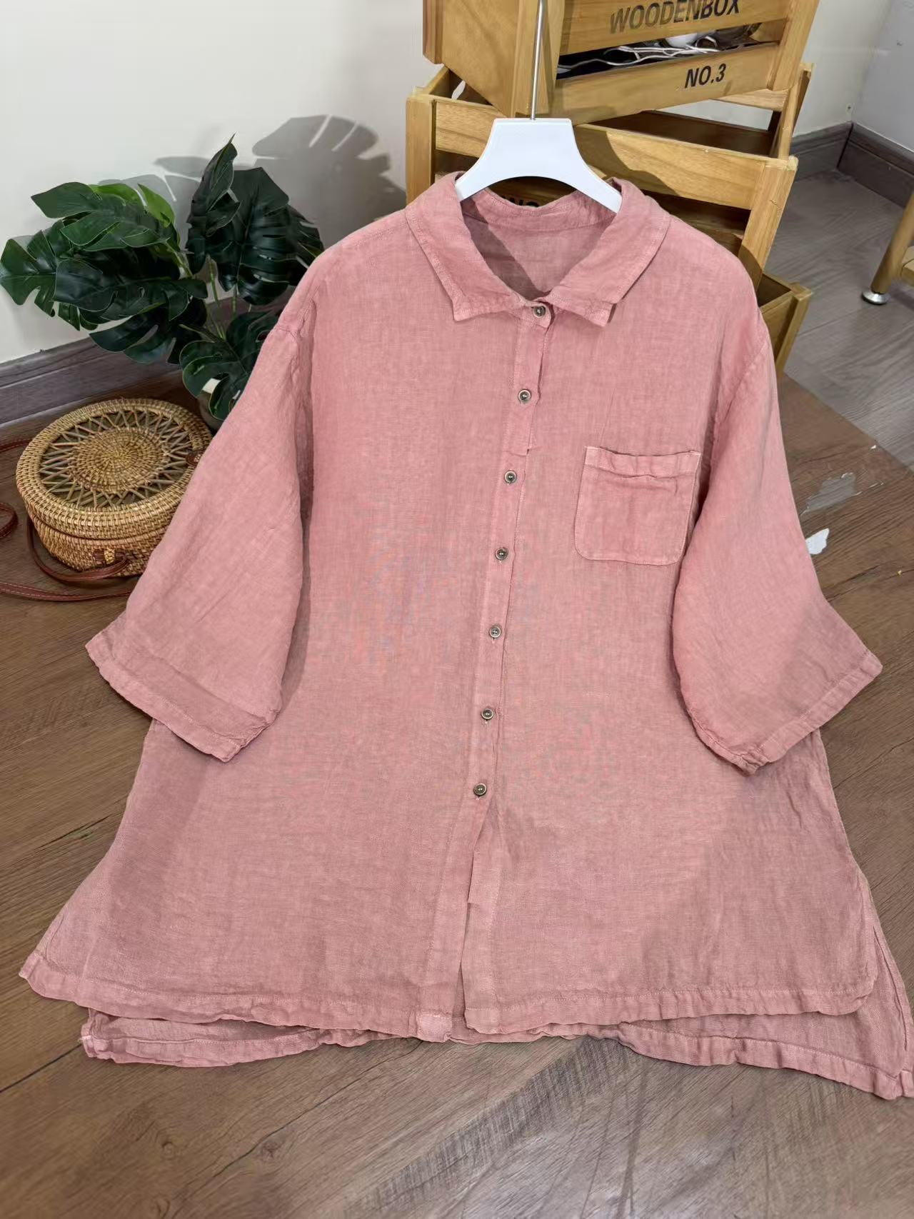 【云目悠悠】春夏季汉麻女士排扣立领设计中长款衬衫-2025349