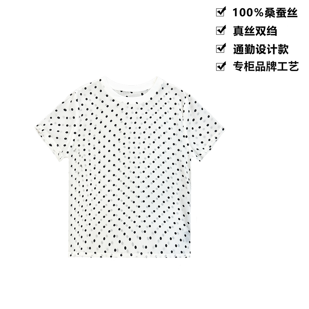 100桑蚕丝新款通勤白底波点圆领时尚全真丝女士短袖T恤女DX305