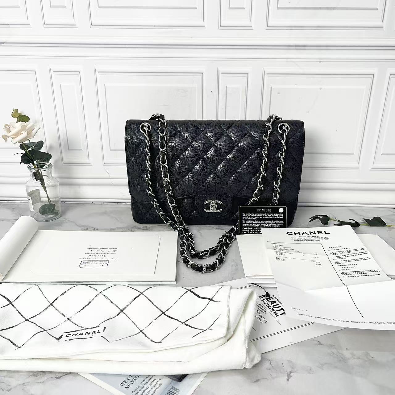 95新 Chanel/香奈儿 Jumbo 黑银牛皮双盖链条单肩斜挎包