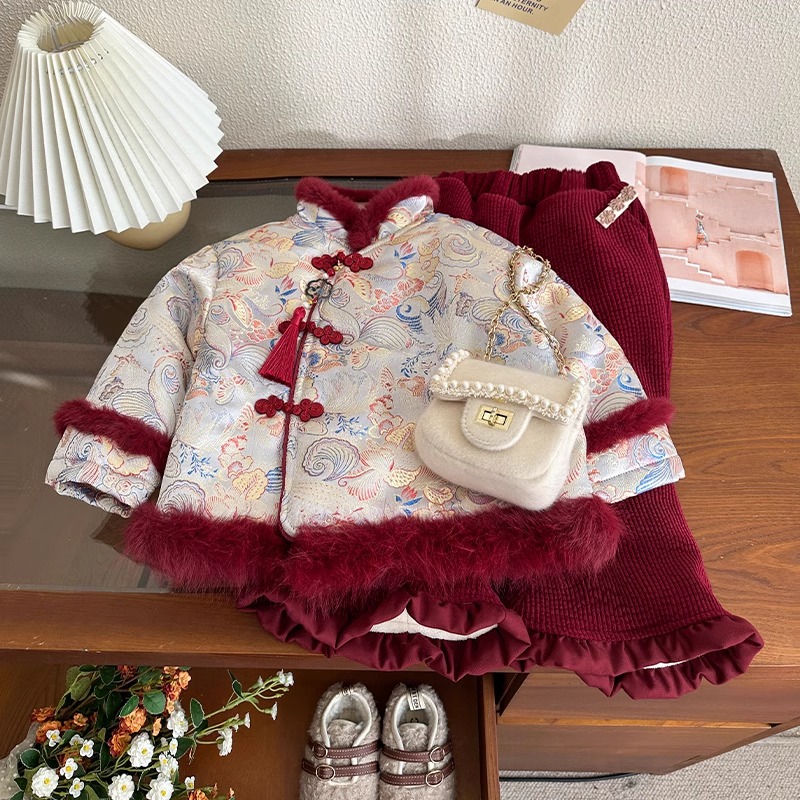 女童汉服过年拜年服秋冬季儿童唐装中国风套装女宝宝周岁礼服冬装