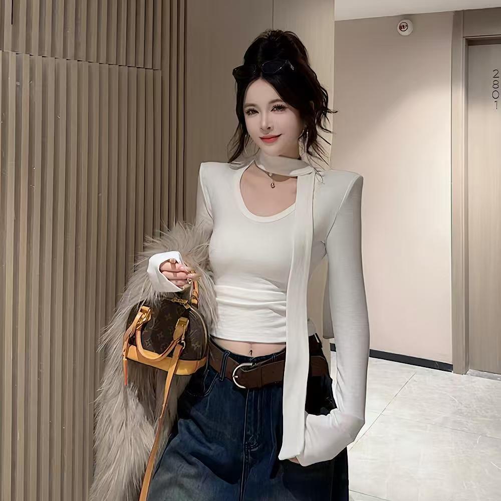 2025秋冬新款设计感显瘦磨毛加绒打底衫纯欲风辣妹飘带长袖T恤女