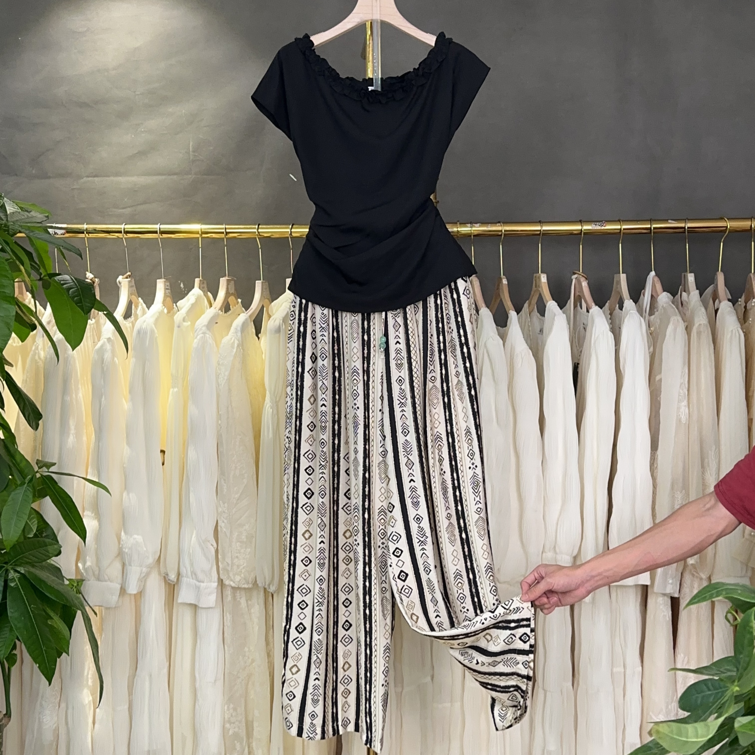 K2091褶皱休闲风夏季直筒裤高腰休闲裤+小衫套装