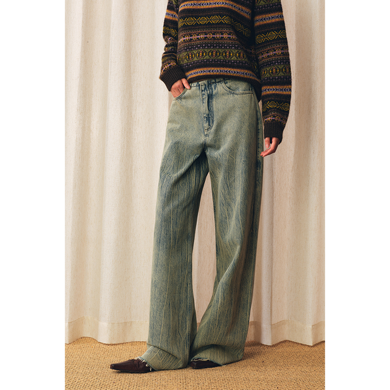 HERLAND她地【长风】纯棉复古设计感直筒牛仔裤女时尚休闲阔腿裤