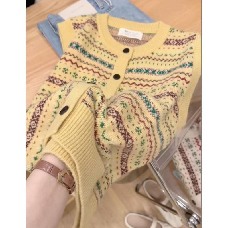 七言家！鹅黄提花背心绵羊毛马甲开衫6675