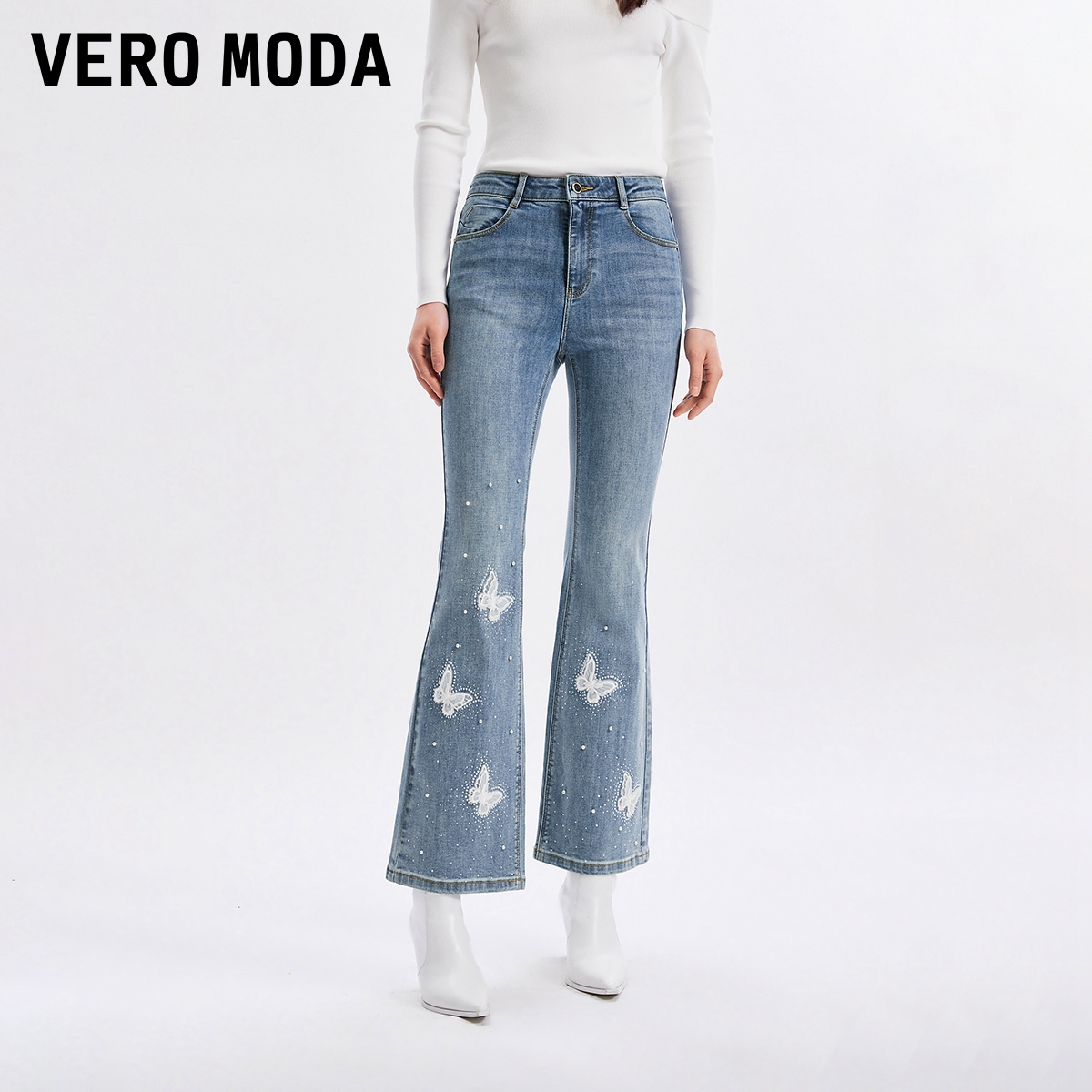 Vero Moda牛仔裤女2025新款甜美钉珠水钻九分显瘦洋气喇叭裤百搭