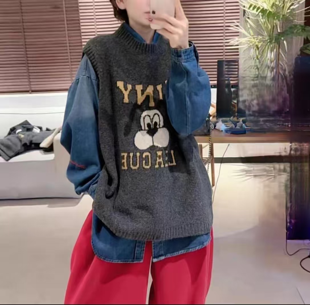 新款韩版宽松慵懒休闲风卡通针织圆领套头马甲女百搭时尚小狗图案