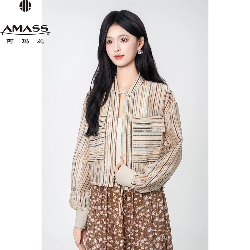 AMASS/阿玛施春夏新款气质复古千金风条纹长袖短款外套女  540014