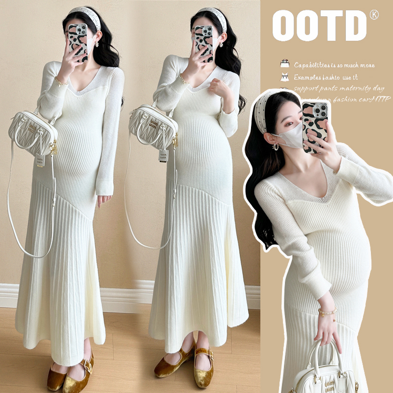 秋季孕妇装时髦洋气秋冬毛衣裙新款法式气质针织鱼尾连衣裙孕妇