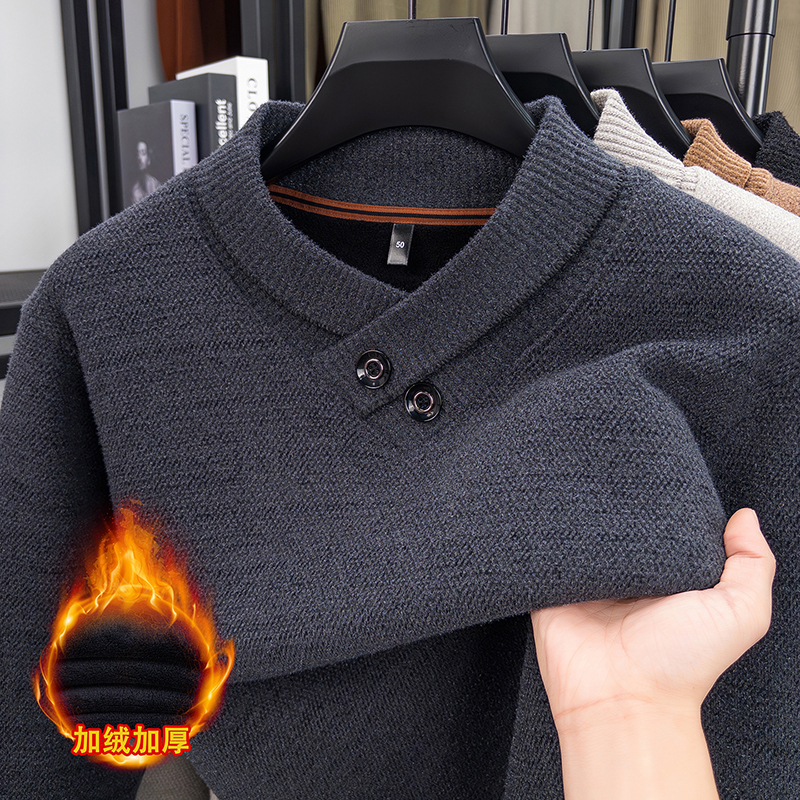 冬季新款加绒加厚扭花V领针织衫时尚潮流套头男士毛衣保暖打底衫