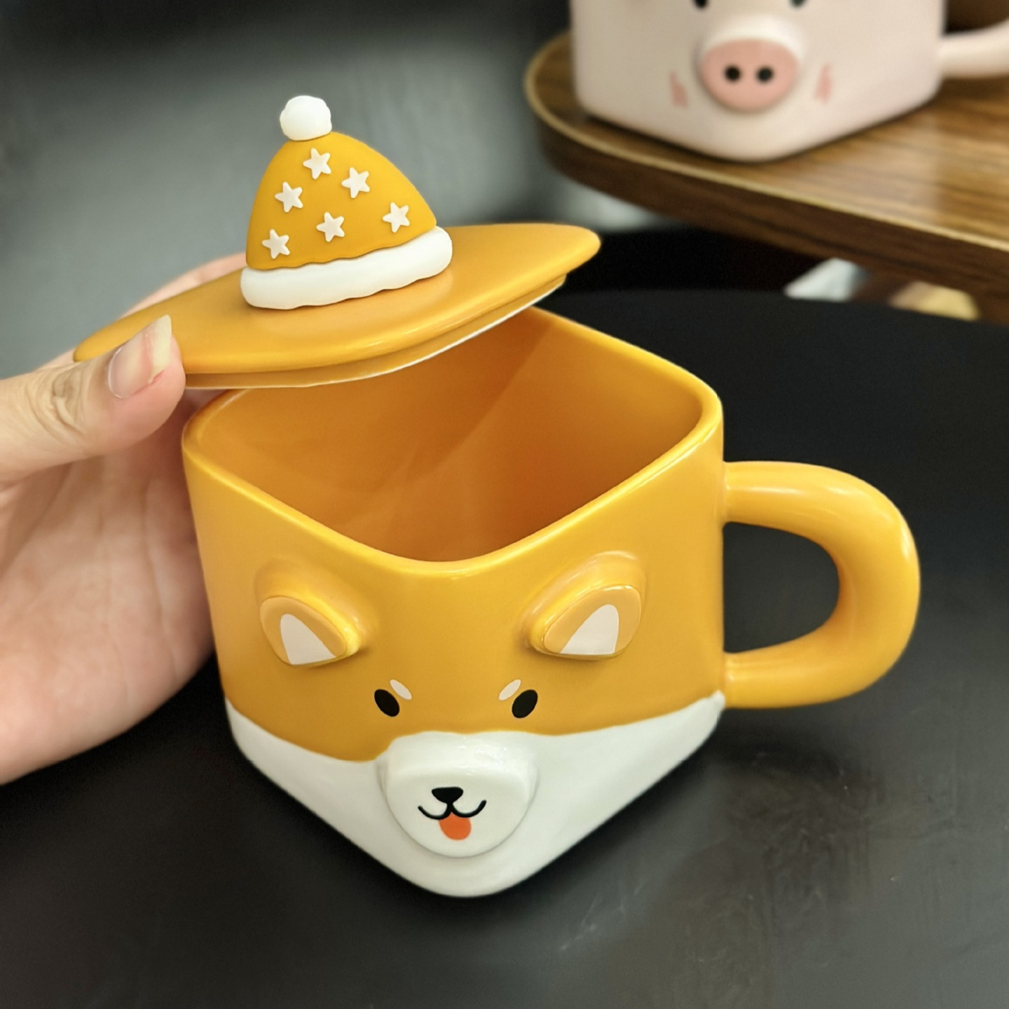 创意卡通动物马克杯带盖高颜值陶瓷杯个性方形办公室咖啡杯伴手礼