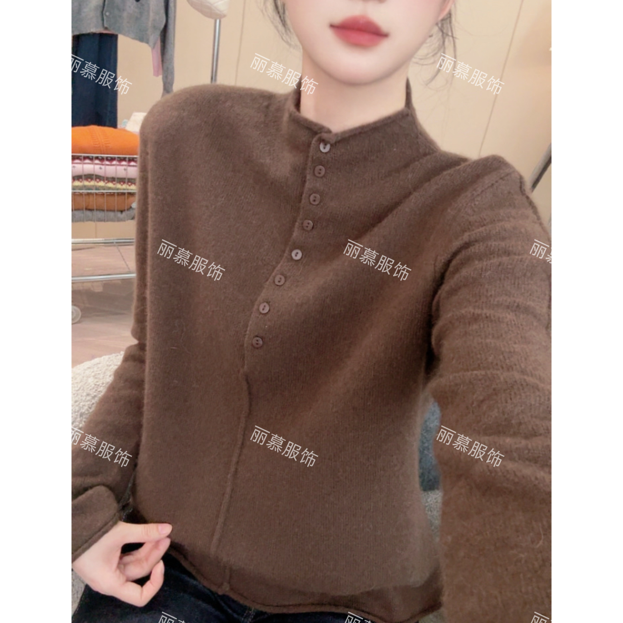 【巧克力慕斯】半高领秋冬单排扣长袖显瘦针织打底衫毛衣2233