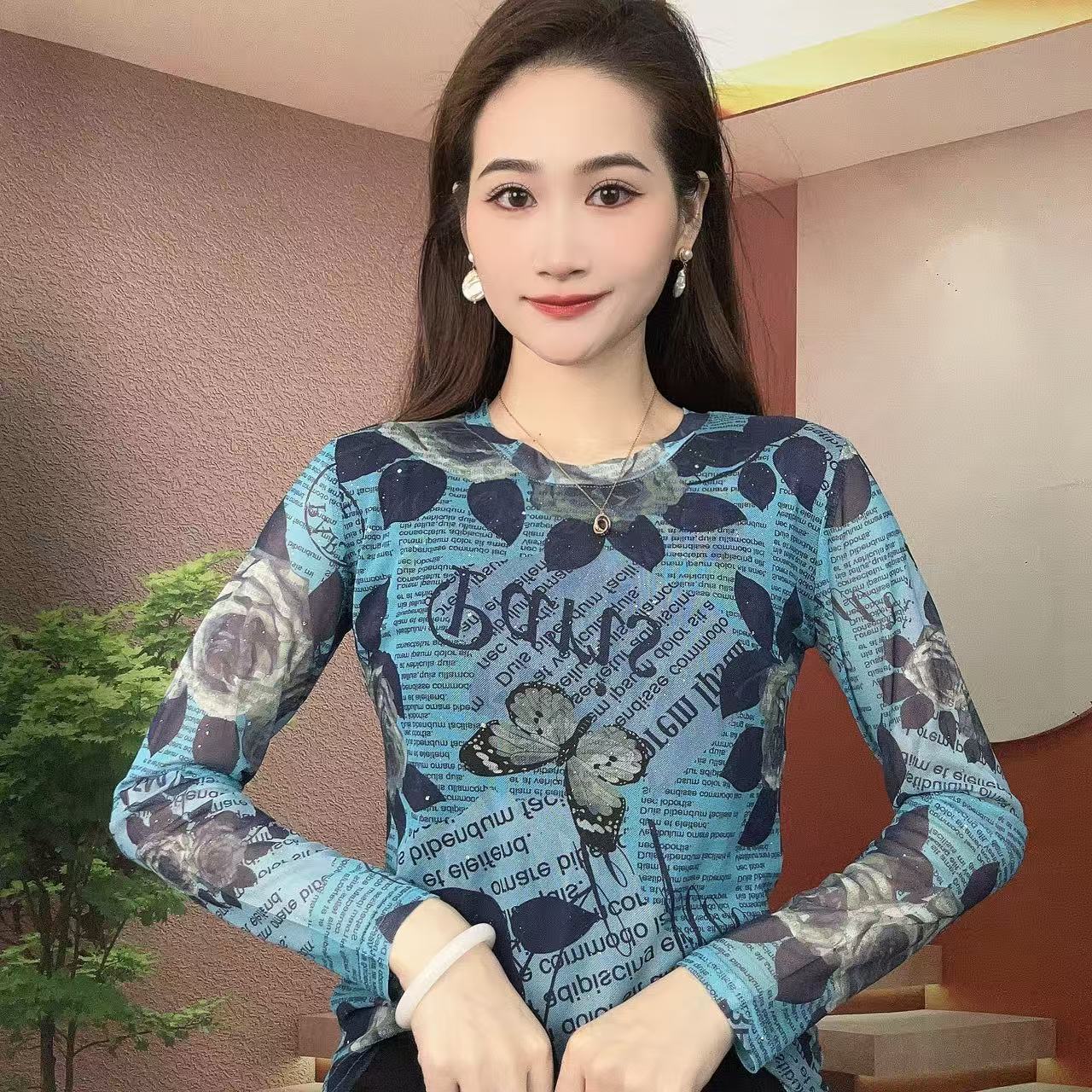 2025秋季新款长袖圆领肌肤纱时尚显瘦印花T恤上衣A514