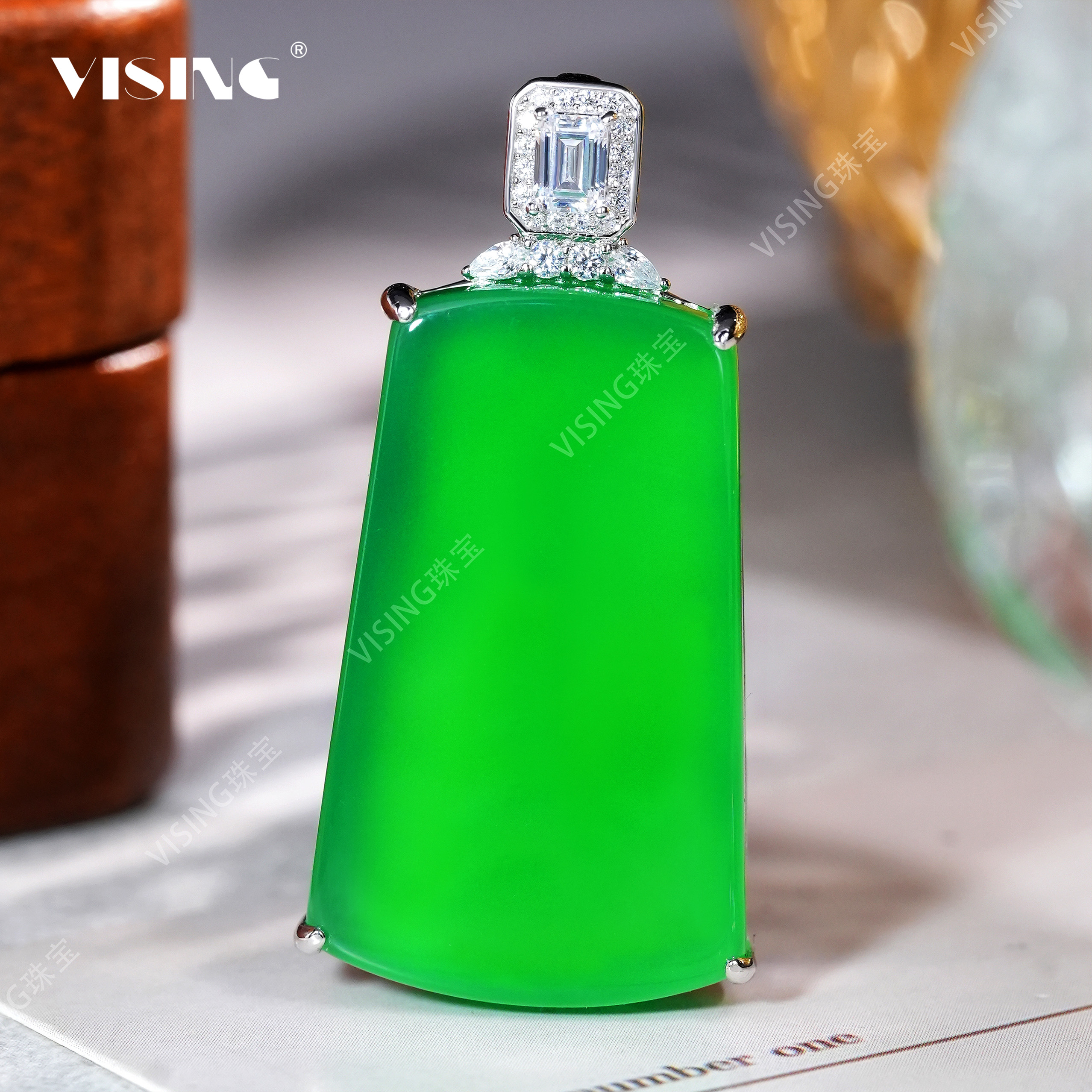 VISING绿玉髓简镶款无事牌满绿吊坠项链挂坠百搭精致国风新中式