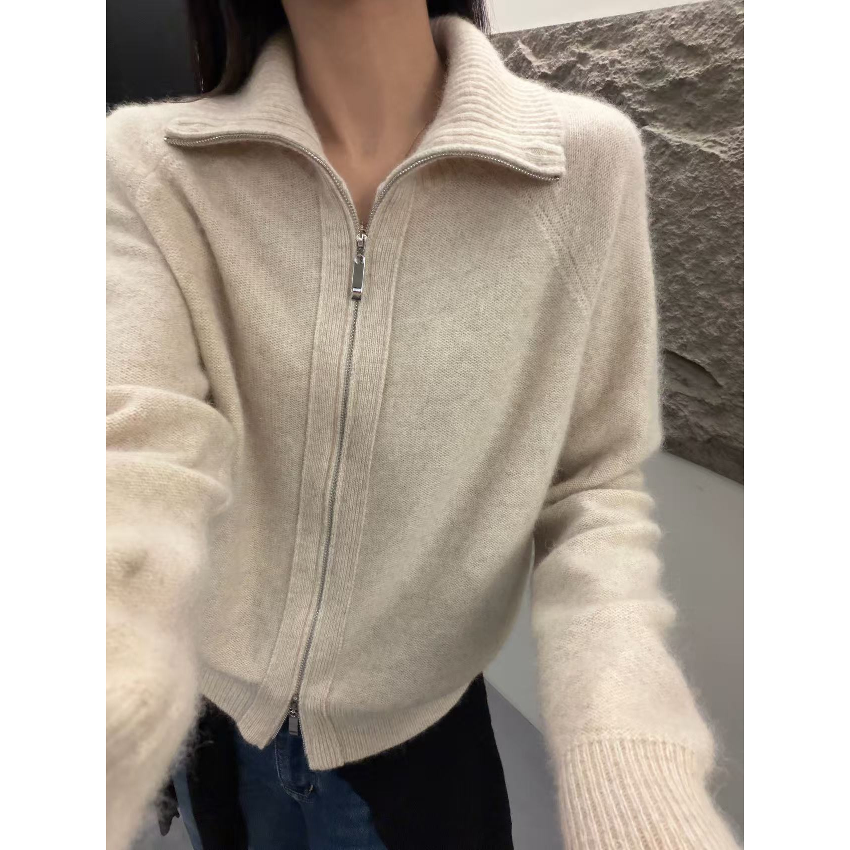 /米杏拉链翻领/软糯立领双拉链新款开衫外套 胸围52 衣长56 6059