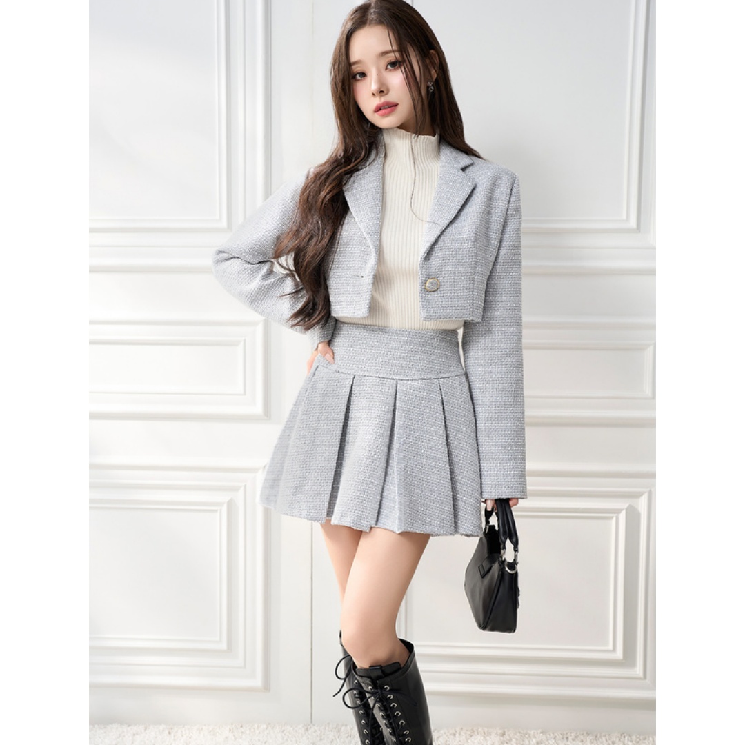 【Montendre】 秋季新款 G 金银丝花呢夹克 百褶迷你裙套装