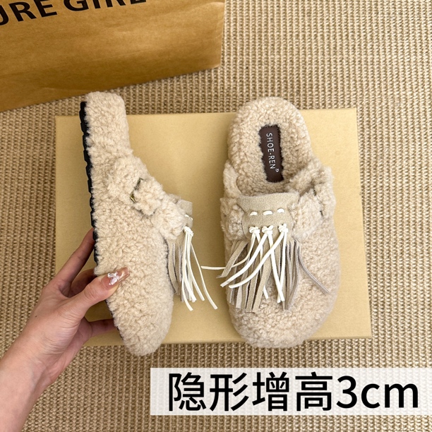 3CM～羊羔毛流苏加绒保暖勃肯鞋女冬桑坡厚底复古懒人毛毛鞋棉拖