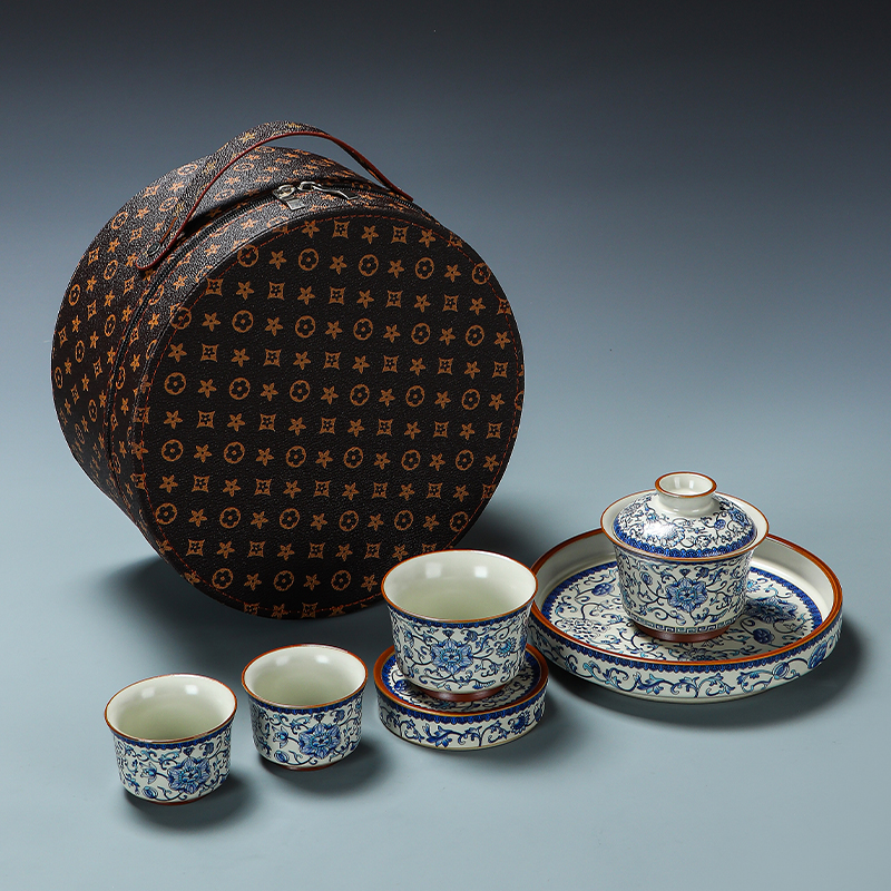 金丝开片汝窑悬停可旋转缠枝莲三才盖碗车载户外便携式旅行茶具