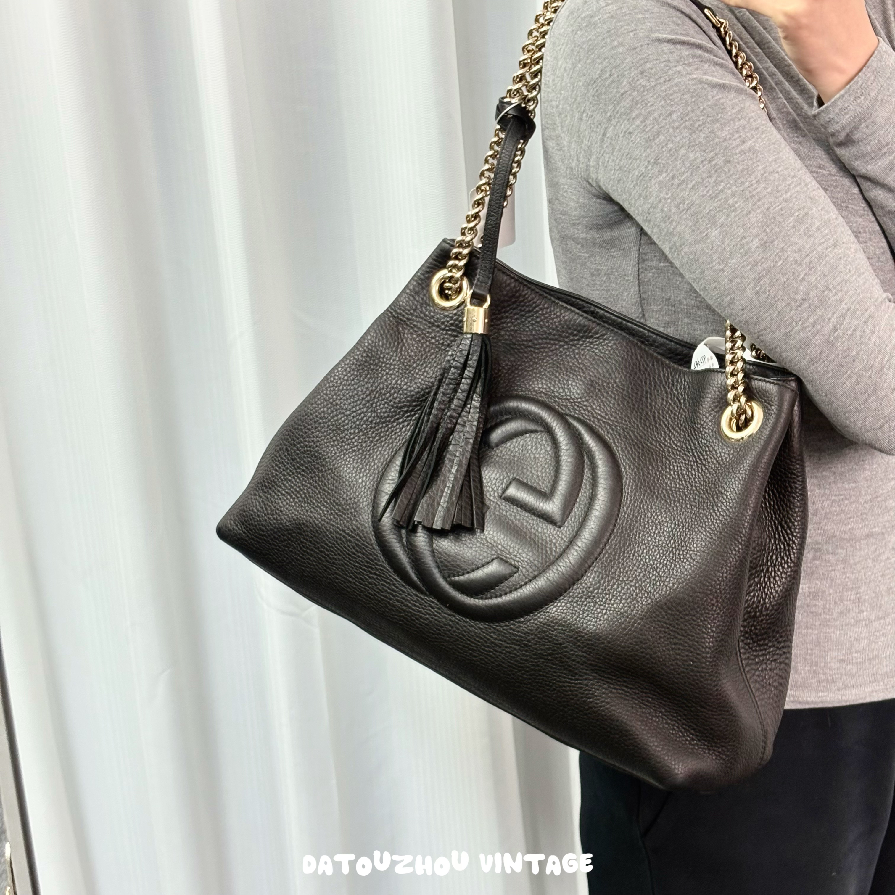 95新 GUCCI/古驰 黑银流苏soho单肩斜挎包li