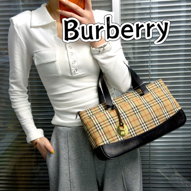 99新 BURBERRY/博柏利 金币战马格纹横版菜篮子手提包 TH911