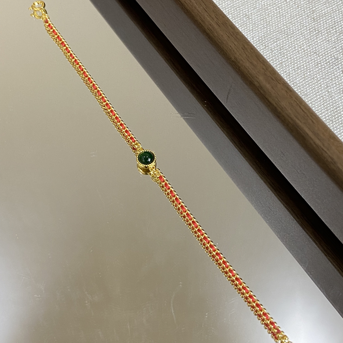 【红妆】天然A货绿货翡翠银镶嵌红绳手链L1352