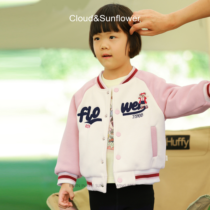 【云朵小葵】女童秋季新款英文小熊刺绣粉色插肩休闲棒球服1114631