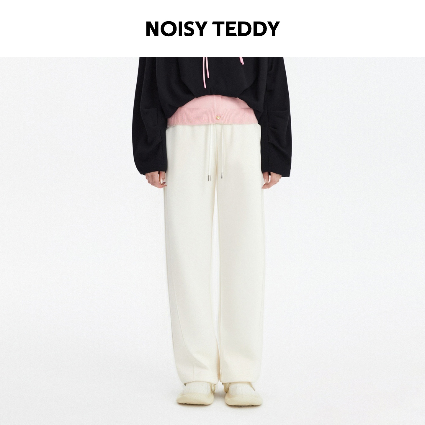 NOISY TEDDY刺绣小熊直筒针织长裤简约休闲百搭松紧抽绳卫裤女