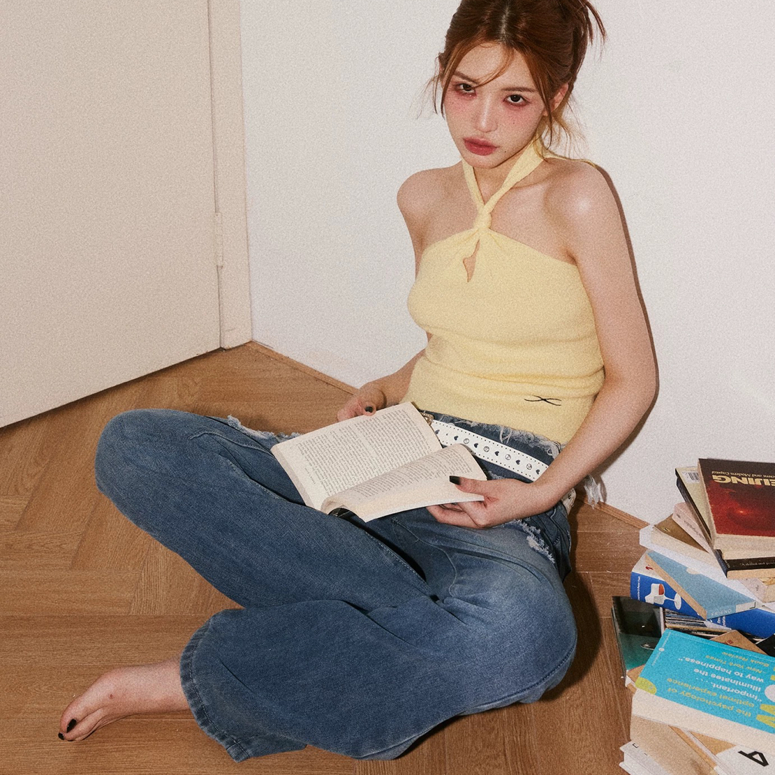 BabeFish Onze辣妹性感挂脖吊带背心夏露脐高腰短紧身纯欲风上衣