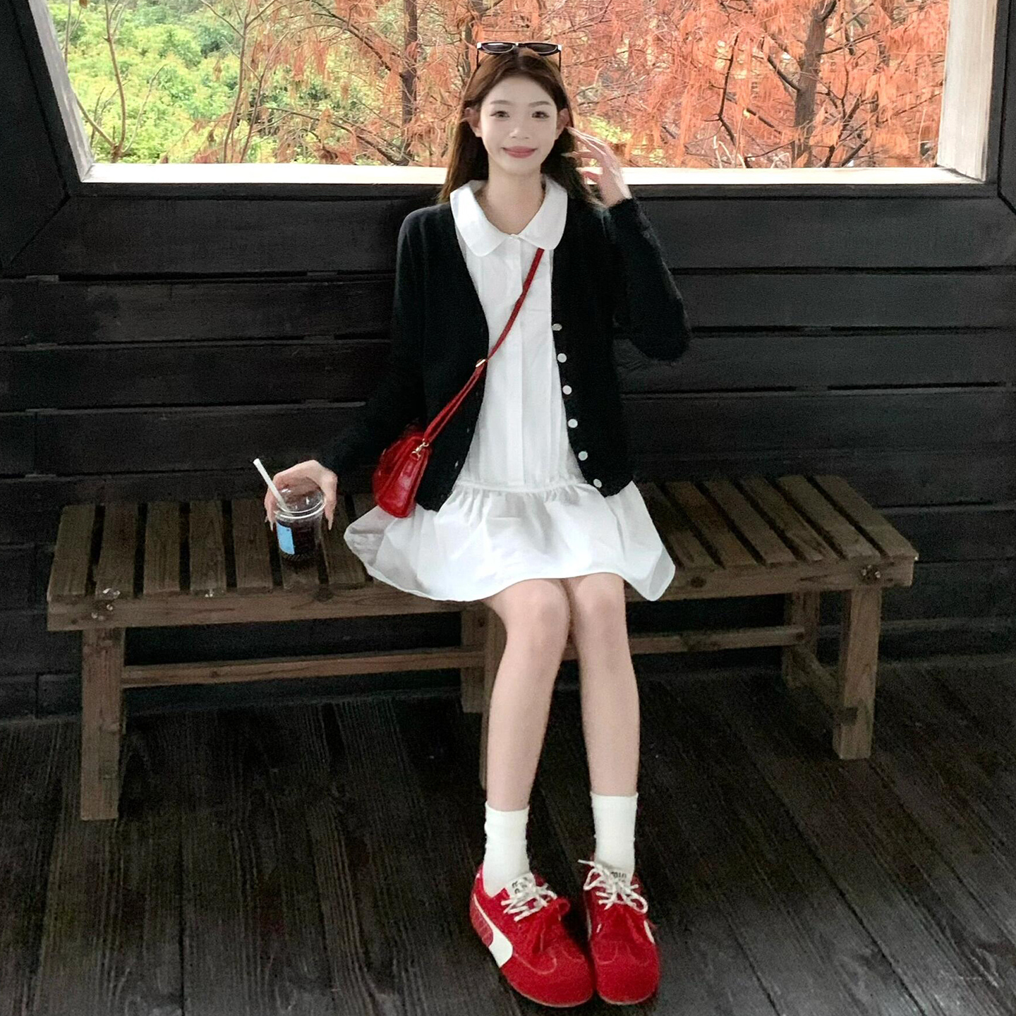 鬼马周刊 【运补】娃娃领减龄塔克叠褶白衬衫短裙女叠穿裙0459