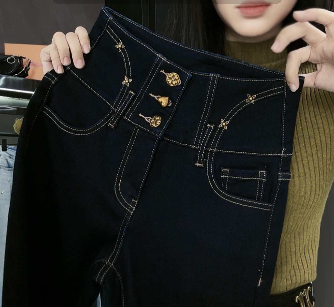 蓝色时尚弹力高腰重工显高显瘦百搭牛仔小脚裤女修身秋冬【KUSE】