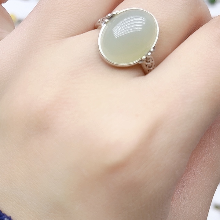 和田玉戒指银S925镶嵌天然