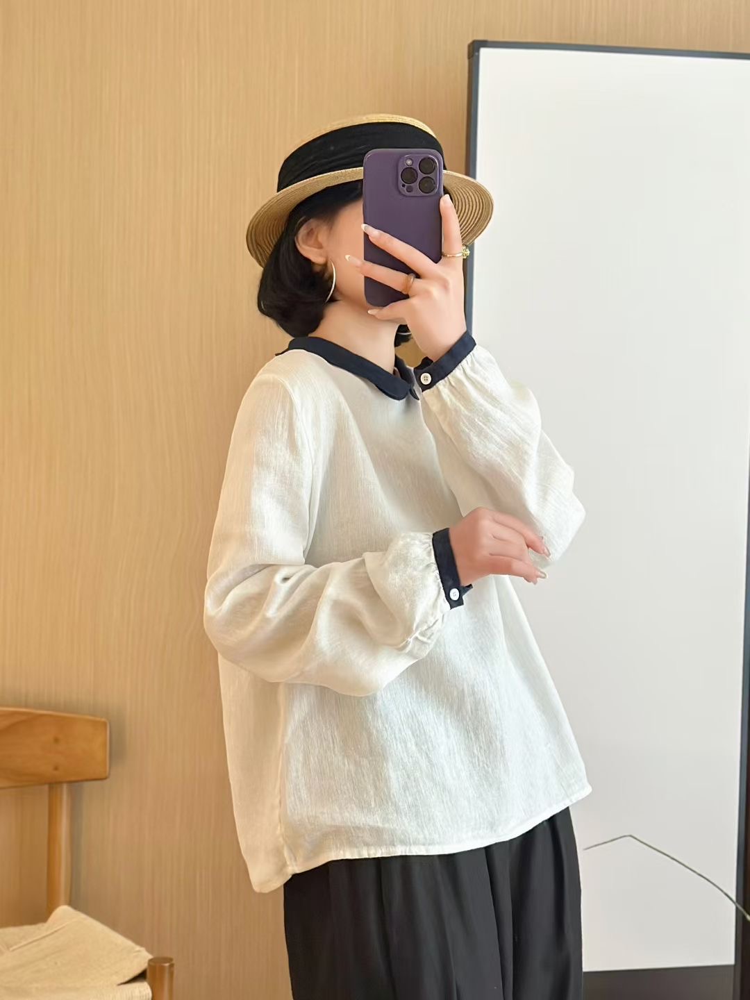 高端亚麻材质衬衫女文艺复古休闲宽松撞色长袖衬衣早秋新套头上衣