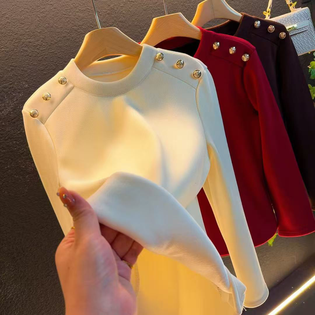 新款大码2025加绒加厚百搭显瘦藏肉洋气小衫上衣/33382