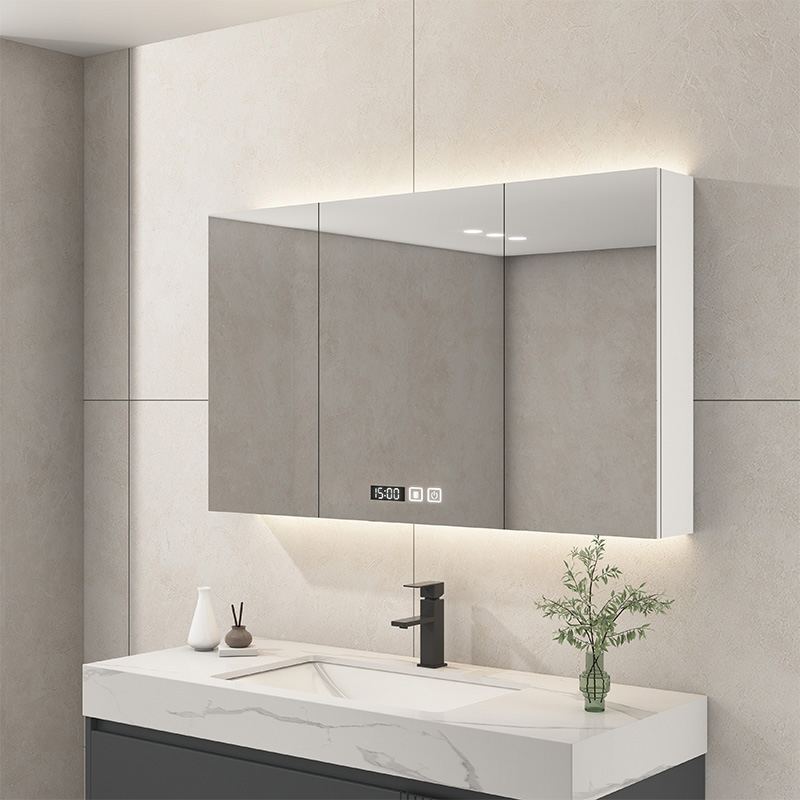 智能浴室镜柜单独挂墙式带灯除雾卫生间梳妆镜子实木带置物架收纳