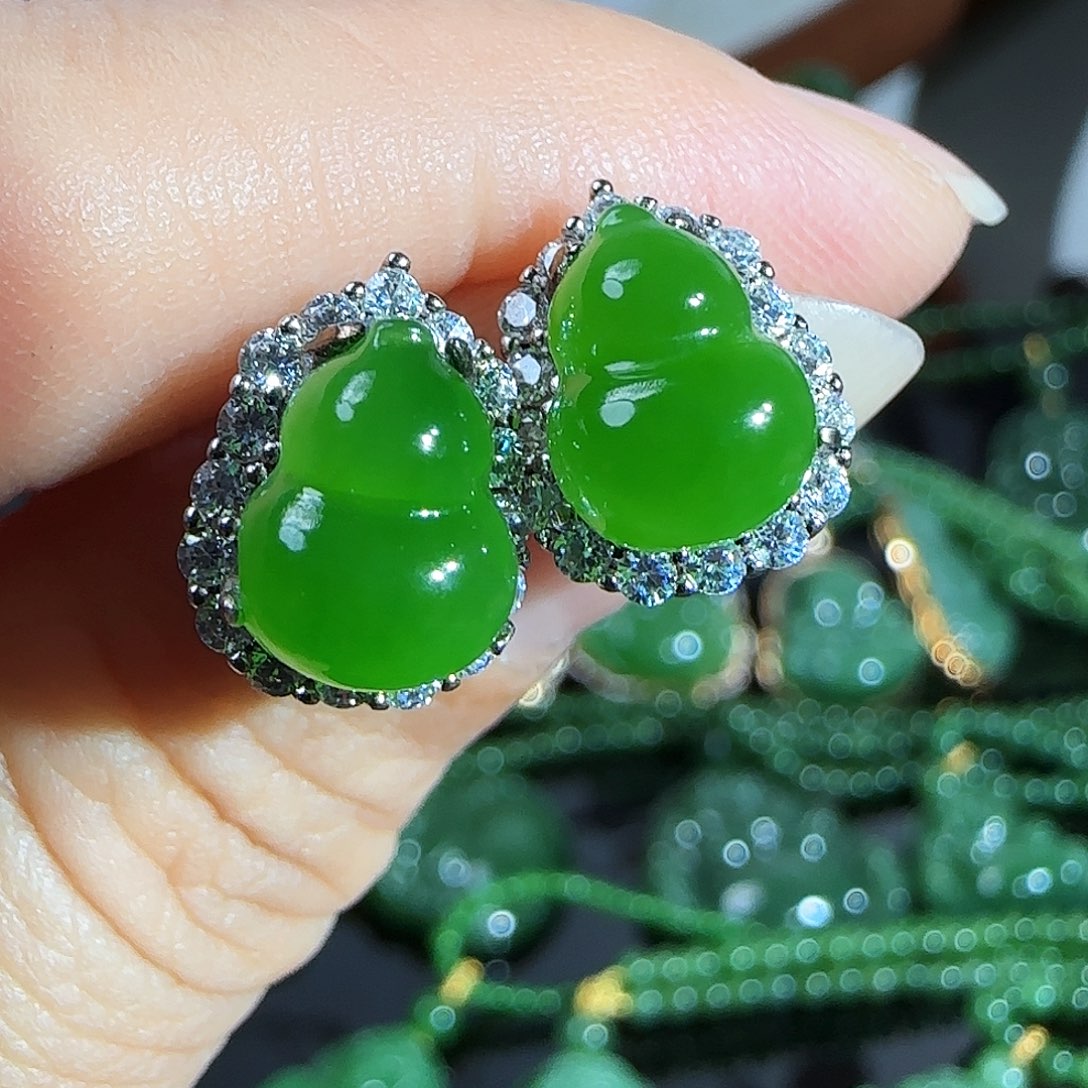 和田玉（碧玉）耳饰银S925镶嵌