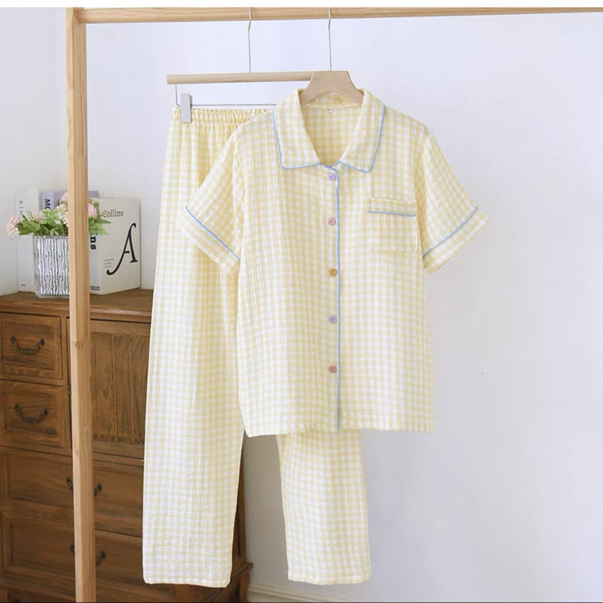 2025女士纯棉开衫短袖黄色格子睡衣家居服三件套