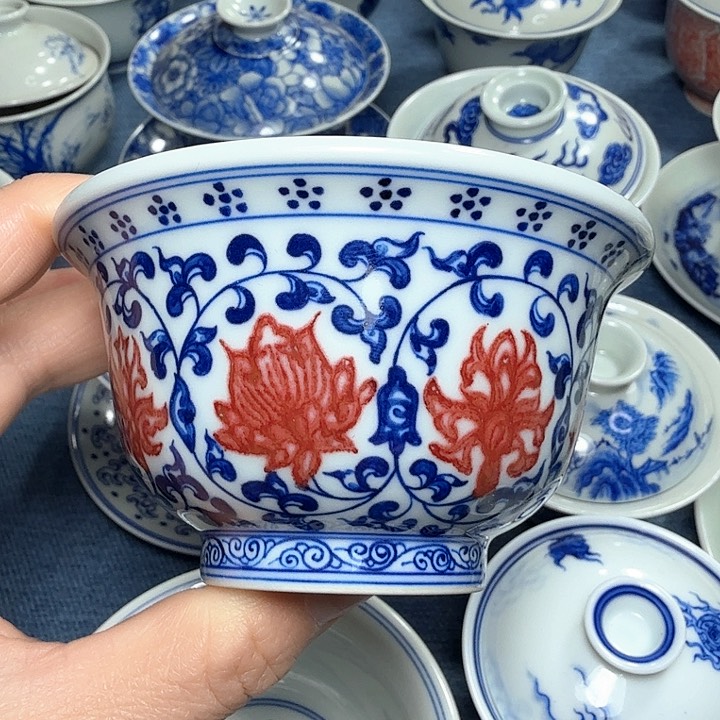 杯手绘青花釉里红压手杯